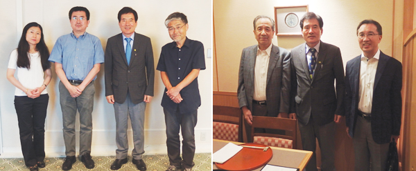 '안심'誌 편집팀과 유태우 회장(왼쪽), 히다 박사일행과 유태우 회장(오른쪽)