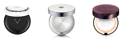 (왼쪽부터) 터치 꾸띄르 ‘퍼펙트 랩핑 파운데이션’, 오휘 ‘스노우 메탈 쿠션’, VDL ‘뷰티 메탈 쿠션 파운데이션 EX’.