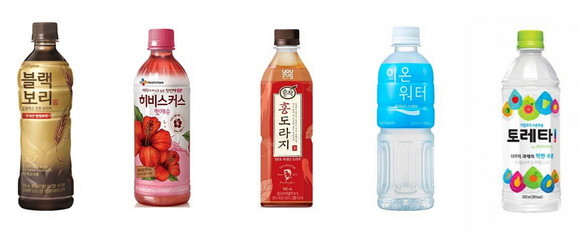 (왼쪽부터): 하이트진로음료 ‘블랙보리’, CJ헬스케어 ‘히비스커스 헛개수’, 샘표 ‘순작 홍도라지차’, 동아오츠카 ‘포카리스웨트 이온워터’, 코카-콜라 ‘토레타’