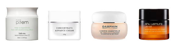왼쪽부터 메이크프렘 ‘세이프 미 릴리프 모이스처 크림 12’, RMK ' 컨센트레이트 어드밴스 크림', 달팡 ‘뤼미에르 에쌍시엘 일루미네이팅 오일 젤 크림’, 슈에무라 ’얼티메이트 오일 인 크림’.