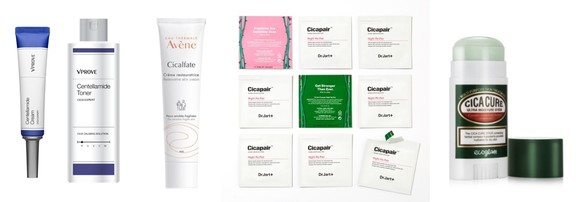 사진 왼쪽부터 비프루브 시카 엑스퍼트 센텔라마이드 크림과 시카 엑스퍼트 센텔라마이드 토너, 아벤느 시칼파트 S.O.S 크림, 닥터자르트 사카페어 나이트 리페어, 맥스클리닉 에코글램 시카 큐어 스틱.